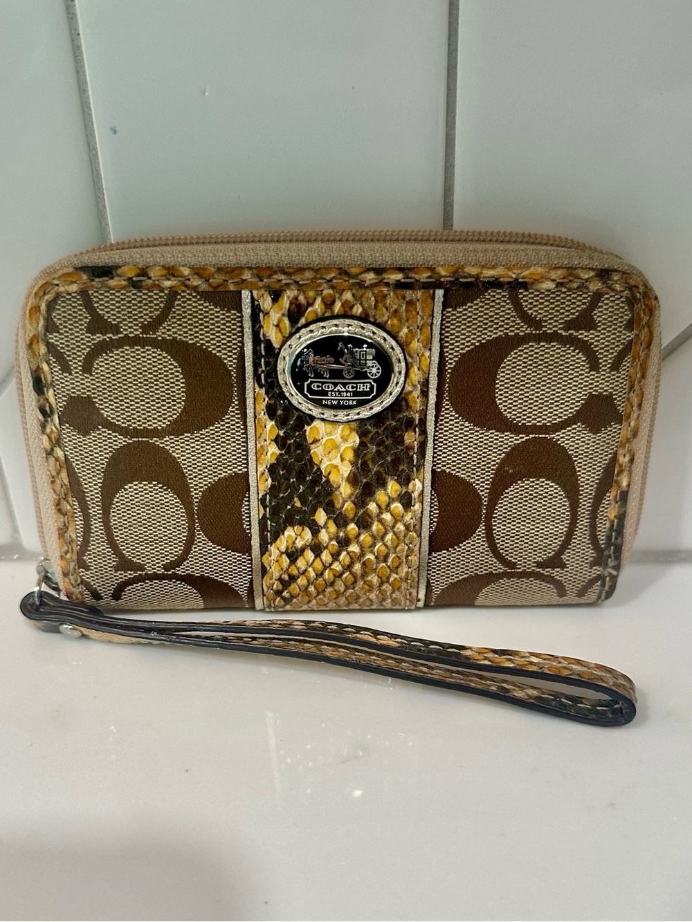 Coach Signature Canvas Wristlet with Snake Print Trim